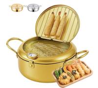Japanese Deep Fryer Pot, 2.2/3.2/4.2 L Stainless Steel Frying Pot with Thermometer and Oil Drip Drainer Rack, 304 Pot for Home Kitchen, Cooking French Fries Chicken Shrimp Tempura (Gold,24cm/3.2L)