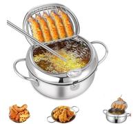 Japanese Deep Fryer Pot, 304 Stainless Steel Frying Pot with Thermometer and Oil Drip Drainer Rack, Deep Fryer Pots for French Fries Shrimp & Chicken (11in)