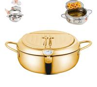 Japanese Deep Fryer Pot, 304 Stainless Steel Frying Pot With Thermometer And Oil Drip Drainer Rack,Japanese Style Tempura Frying Pot, For French Fries, Shrimp, Chicken (Gold,9.4in)