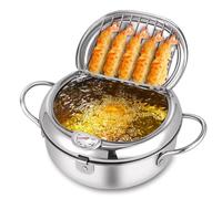 Japanese Deep Fryer Pot, 304 Stainless Steel Frying Pot with Thermometer and Oil Drip Drainer Rack, Japanese Fryer with Lid, for French Fries, Shrimp, Chicken (11.02)