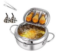 Japanese Deep Fryer Pot, 304 Stainless Steel Japanese Frying Pot With Thermometer And Oil Drip Drainer Rack & Lid, for Kitchen Stove/Induction Cooker French Fries Fryer Chicken (Silver,20cm/7.9in)