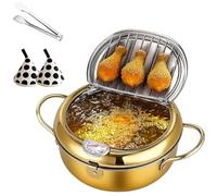 Japanese Deep Fryer Pot, 304 Stainless Steel Japanese Frying Pot With Thermometer And Oil Drip Drainer Rack & Lid, for Kitchen Stove/Induction Cooker French Fries Fryer Chicken (Gold,28cm/11in)