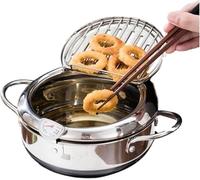 Japanese Deep Fryer Pot, 304 Stainless Steel Tempura Frying Pot with Thermometer, Lid & Oil Drip Rack, Fryer for French Fries, Shrimp, Chicken (Sliver,28cm/11.02In)