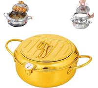 Japanese Deep Fryer Pot, 304 Stainless Steel Tempura Frying Pot with Thermometer, Lid & Oil Drip Rack, Fryer for French Fries, Shrimp, Chicken (Gold,28cm/11.02In)