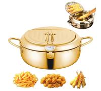 Japanese Deep Fryer Pot, Japanese Style Tempura Frying Pot, 304 Stainless Steel Frying Pot with Thermometer and Oil Drip Drainer Rack, for French Fries, Shrimp, Chicken (Gold,20cm/7.87in)