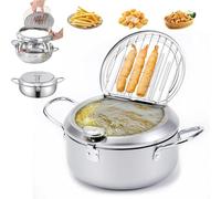 Japanese Deep Fryer Pot, Japanese Style Tempura Frying Pot, 304 Stainless Steel Frying Pots with Thermometer and Oil Drip Drainer Rack for French Fries, Shrimp, Chicken (Sliver,24cm/9.45in)