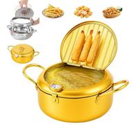 Japanese Deep Fryer Pot, Japanese Style Tempura Frying Pot, 304 Stainless Steel Frying Pots with Thermometer and Oil Drip Drainer Rack for French Fries, Shrimp, Chicken (Gold,28cm/11.02in)