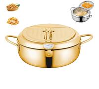 Japanese Deep Fryer Pot, Japanese Style Tempura Frying Pot with Lid, Stainless Steel Frying Pots with Thermometer and Oil Drip Drainer Rack for French Fries, Shrimp, Chicken (Gold,20cm/7.87in)