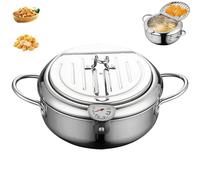 Japanese Deep Fryer Pot, Japanese Style Tempura Frying Pot with Lid, Stainless Steel Frying Pots with Thermometer and Oil Drip Drainer Rack for French Fries, Shrimp, Chicken (Silver,24cm/9.44)