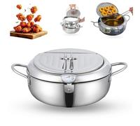 Japanese Deep Fryer Pot, Stainless Steel Frying Pot with Thermometer and Oil Drip Drainer Rack, 304 Steel Small Anti-Splash Oil Fryer for French Fries, Shrimp & Chicken (Silver,24cm/9.4in)