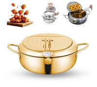 Japanese Deep Fryer Pot, Stainless Steel Frying Pot with Thermometer and Oil Drip Drainer Rack, 304 Steel Small Anti-Splash Oil Fryer for French Fries, Shrimp & Chicken (Gold,28cm/11in)