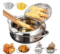 Japanese Deep Fryer Pot, Stainless Steel Frying Pot with Thermometer and Oil Drip Drainer Rack, 304 Tempuras Deep Fryer Pots for Kitchen Cooking with Lid Shrimp, Chicken (Silver,28cm/11.02In)