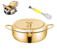 Japanese Deep Fryer Pot, Stainless Steel Frying Pot with Thermometer and Oil Drip Drainer Rack, for Kitchen Stove/Induction Cooker, Temperature Controllable & Uncoated (Gold,24cm/9.4in)