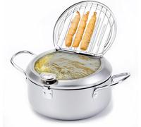 Japanese Deep Fryer Pot, Stainless Steel Frying Pot with Thermometer and Oil Drip Drainer Rack, for Kitchen French Fries, Chicken, for Both Induction and Gas Cookers (Sliver,9.4in)