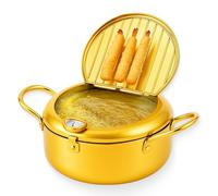 Japanese Deep Fryer Pot, Stainless Steel Frying Pot with Thermometer and Oil Drip Drainer Rack, for Kitchen French Fries, Chicken, for Both Induction and Gas Cookers (Gold,9.4in)
