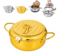 Japanese Deep Fryer Pot, Stainless Steel Frying Pot with Thermometer and Oil Drip Drainer Rack, Japanese Tempura Frying Pot for French Fries, Shrimp, Chicken (Gold,20cm/7.87In)