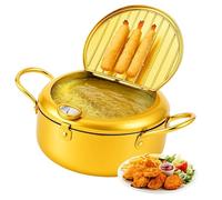 Japanese Deep Fryer Pot, Stainless Steel Frying Pot with Thermometer, Lid & Oil Drip Rack, Fryer for French Fries, Shrimp, Chicken, Non Adhesive Oil Fume (Gold,28cm/11.02in)