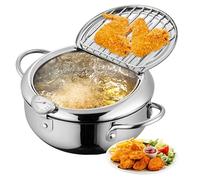 Japanese Deep Fryer Pot, Stainless Steel Frying Pot with Thermometer, Lid & Oil Drip Rack, Fryer for French Fries, Shrimp, Chicken, Non Adhesive Oil Fume (Sliver,20cm/7.87in)