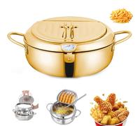 Japanese Deep Fryer Pot with Basket, 304 Stainless Steel Frying Pot with Thermometer and Oil Drip Drainer Rack, for French Fries, Shrimp, Chicken (Gold,s)