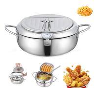Japanese Deep Fryer Pot with Basket, 304 Stainless Steel Frying Pot with Thermometer and Oil Drip Drainer Rack, for French Fries, Shrimp, Chicken (Silver,m)