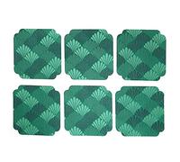 Japanese Embroidered Coaster, 6PCS Heat Insulated Cup Pad Mat Set, Hand Woven Brocade Fabric Placemat for Dining Coffee Shop, 3D Embroidery Decor with Non Slip Base (6 Leaf Green Fan Leaves)