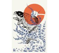 Japanese illustrated koi carp Eki Stamp Collecting Notebook Yellow 6x9 100 Blank Pages With A Small Section To Add Details Pad For Scrapbooking or Illustration