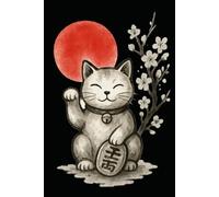 Japanese Lucky Cat Dot Grid Notebook with Red Sun - Maneki-neko Symbol of Fortune and Prosperity: 120 Dot Grid Pages, 6x9, Minimalist Japanese Sumi-e Art Journal