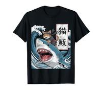 Japanese Ninja Samurai Cat Riding Shark Retro Distressed Camiseta