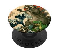 Japanese Raccoon with Funny Animals, Raccoonzilla Graphic PopSockets PopGrip Adhesivo