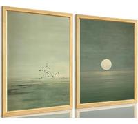 Japanese Sage Green Wall Art Minimalist Moon and Bird Canvas Posters Prints for Living Room Bedroom Office Decor(70x100x2/Inner frame)