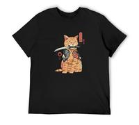 Japanese Style Cat Anime Samurai Sword Summer Cool Street Funny Rock Unisex 100% Cotton Short-Sleeve T-Shirts Black XXXL