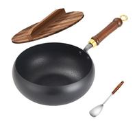 Japanese Uncoated Iron Pan, 9.45 inch Hand-Forged Non-Stick Iron Pan Without Coating, Healthy Pot with Wooden Lid, for Cooker Gas Stir Fry Pans Round Bottom