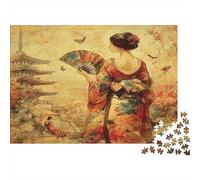 Japanese Woman-Traditional Art Style Adult Challenging Puzzle Games Geisha with Fan in Kimono for Women, Gifts for Men Age 14 Years Up 70x50cm/1000pcs