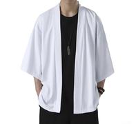 Japanese Yukata - Abrigo tipo kimono para hombre, ajuste holgado, con frente abierto, manga 3/4, para exteriores y uso diario (2XL, blanco)