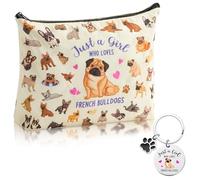 JAPBOR Bolsa de maquillaje para los amantes de los perros, juego de bolsas de cosméticos con temática de bulldog francés y llavero, bonito organizador de cachorros, bolsa de maquillaje con cremallera