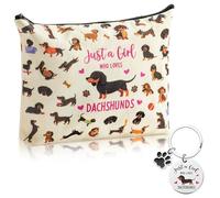 JAPBOR Bolsa de maquillaje para los amantes de los perros, juego de bolsas de cosméticos con temática de perro salchicha y llavero, bonita bolsa de maquillaje organizadora para cachorros, artículos de