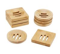 JAPCHET Paquete de 8 jaboneras de bambú - Jabonera cuadrada y redonda de madera natural para ducha, hogar, inodoro, cocina, hotel