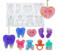 Japleed Llavero de silicona para el día del bebé, molde de resina, diseño de huellas de dientes, molde con forma de corazón de oso para decoración de resina epoxi, yeso polimérico, arcilla, recuerdo