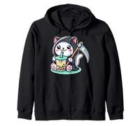 Japón Bubble Tea Boba Tea Kawaii Anime Neko Grim Reaper Cat Sudadera con Capucha