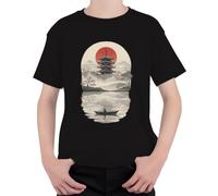 Japón Calavera Pagoda Sol Rojo Sakura Zen Camiseta Niños, Negro , 116