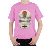Japón Calavera Pagoda Sol Rojo Sakura Zen Camiseta Niños, Rosa., 128