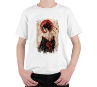 Japón Geisha Kimono Caligrafía Sol Rojo Niños Camiseta, Blanco, 128