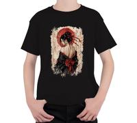 Japón Geisha Kimono Caligrafía Sol Rojo Niños Camiseta, Negro , 128
