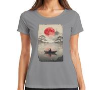 Japón Pagoda Luna Roja Pescador Barco Lago Camiseta Mujer, gris, M