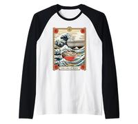 Japón Ramen Bowl Surfeando Gran Ola Fuera de Kanagawa Tarot Card Camiseta Manga Raglan