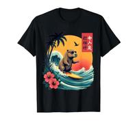 Japonés Capybara Surfing Kanagawa Wave Funny Surf Animal Camiseta gráfica económica, Hombre, Negro, M