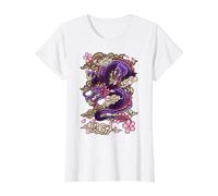Japonés Estética Dragón Tatuaje Flor De Cerezo (en la Parte traser Camiseta gráfica económica, Mujer, Blanco, L