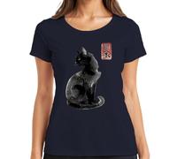 Japonés Gato Negro Kanji Caligrafía Señoras Camiseta, azul marino, XL