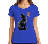 Japonés Gato Negro Kanji Caligrafía Señoras Camiseta, azul, S