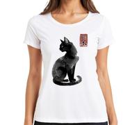 Japonés Gato Negro Kanji Caligrafía Señoras Camiseta, Blanco, XL